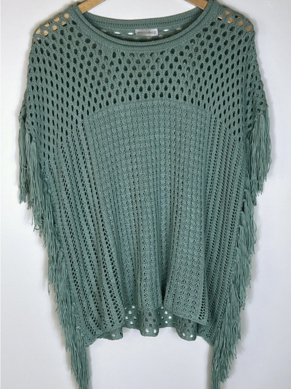 mittoshop Mint Green Open-Knit Fringe Poncho